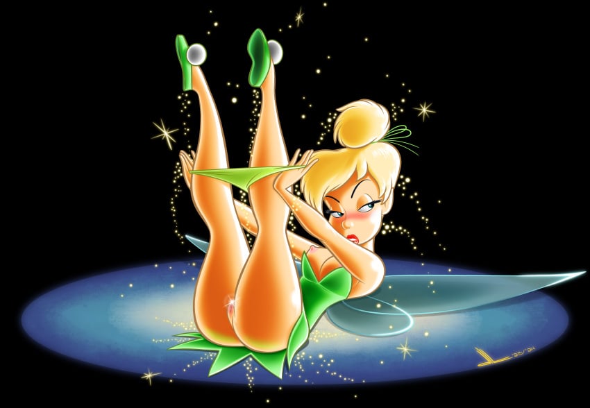 1girls artist_logo ass bare_arms bare_legs bare_shoulders bedroom_eyes black_background blonde_hair blue_eyes blush breasts bun caucasian dated disney dltoon dress dress_pull eyebrows eyelashes eyelids fairy fairy_dust fairy_wings female flats green_dress green_shoes hair_tie hairless_pussy half-closed_eyes insect_wings legs legs_up light lips lipstick looking_to_the_side nipples on_back open_mouth panties panties_down pixie_dust pussy red_lipstick seductive shoes short_dress sparkles strapless_dress thighs tinker_bell undressing upskirt wings