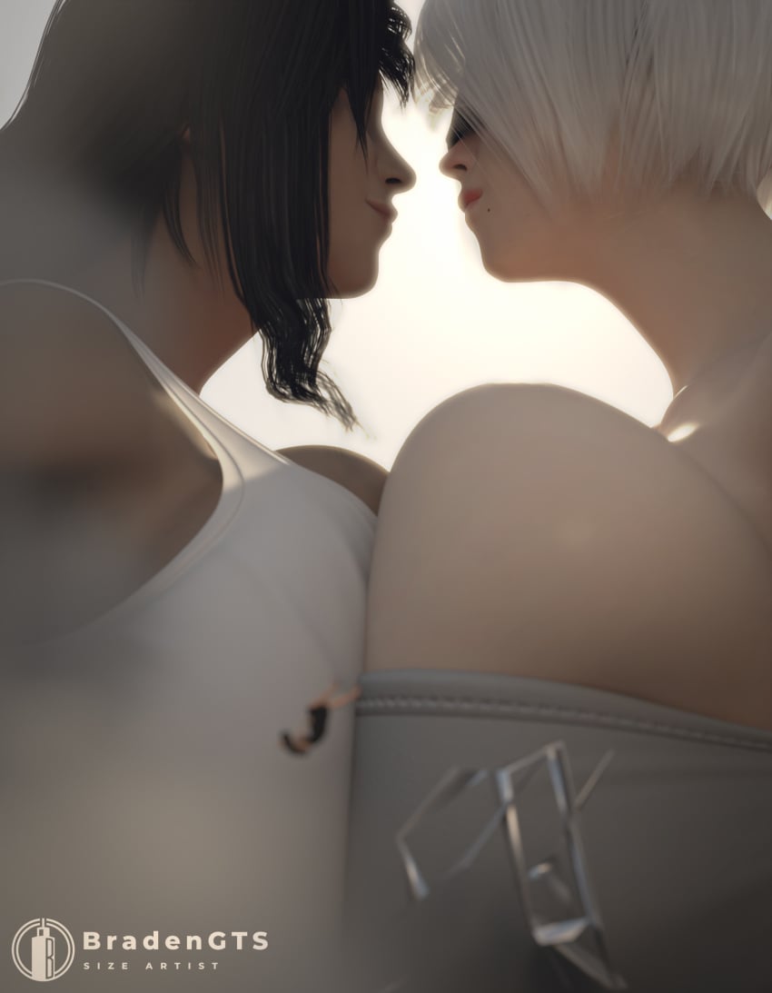 1boy 2girls 3d 3d_(artwork) big_breasts black_blindfold black_hair blindfold bradengts breasts final_fantasy final_fantasy_vii giantess larger_female light-skinned_female light_skin nier nier:_automata smaller_male staredown tifa_lockhart versus video_game_character vs white_hair yorha_2b