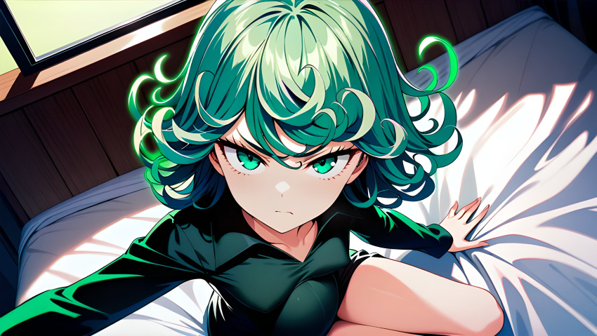 1girls ai_generated annoyed annoyed_expression bed bedroom black_dress black_shoes crossed_legs dark_dress green_eyes green_hair happy laying_on_bed lying_on_bed one-punch_man petite pregnant pregnant_female short_hair slender slender_legs slender_waist smile tatsumaki tiny tsundere