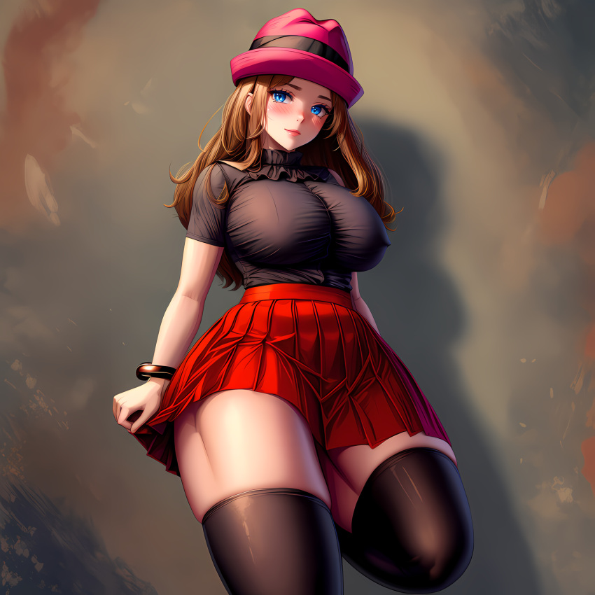 against_wall ai_generated aka6_(style) black_shirt black_thighhighs blonde_hair blue_eyes bluecatrip blush bracelet brown_hair brunette_hair holding holding_skirt honey_hair huge_ass huge_breasts looking_at_viewer pink_hat pink_lipstick pokemon red_hat red_skirt serena_(pokemon) skirt skirt_lift thick_thighs thighhighs tight_clothing