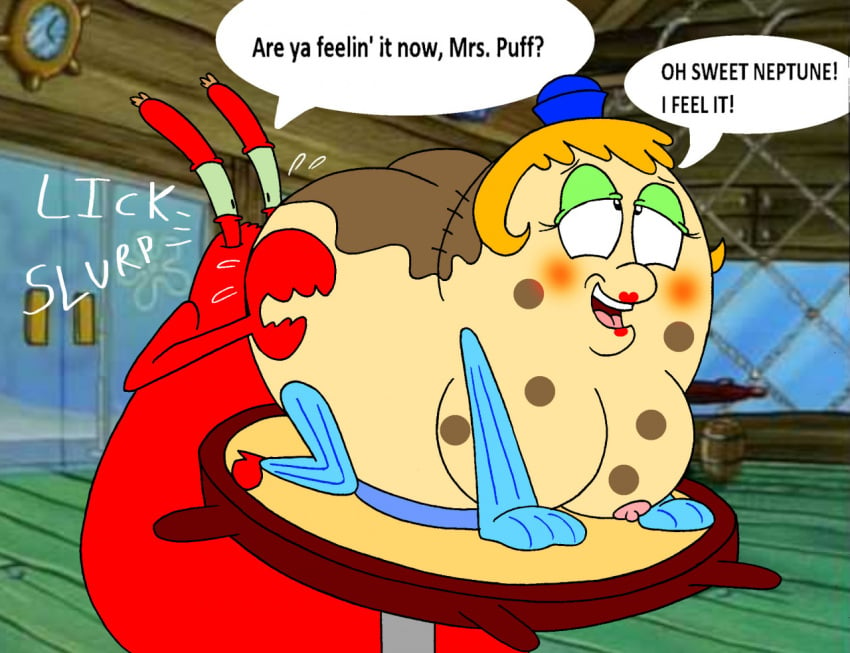 1boy 1girls anthro blush breasts crab crustacean eating_ass female fish interspecies krusty_krab male male/female mr_krabs mrs._puff nickelodeon nipple nude pufferfish robot001 spongebob_squarepants straight table text text_bubble