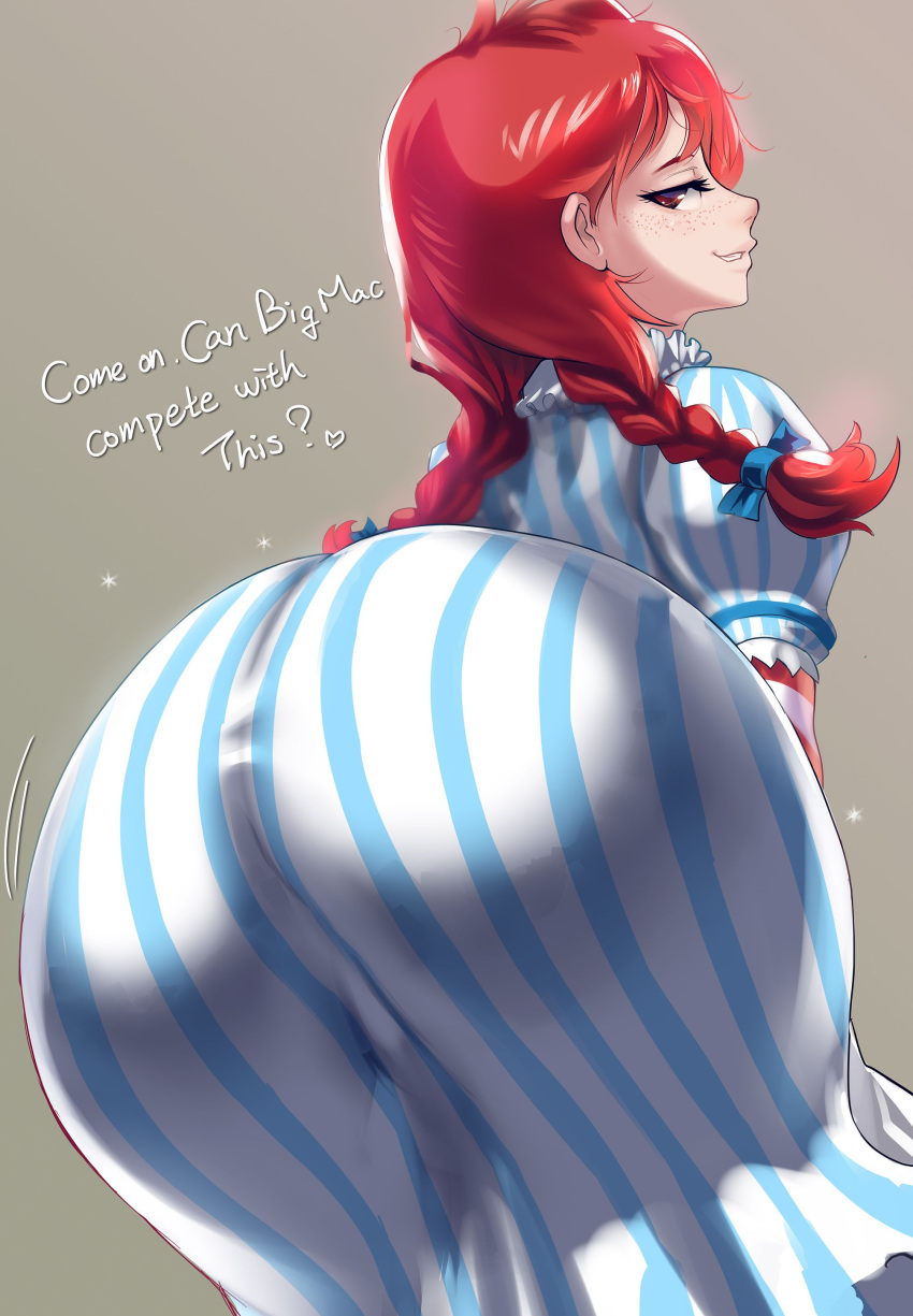 1girls ass_in_dress blue_stripes bubble_butt cigusa dress freckles ginger huge_ass pigtails red_eyes red_hair red_head seductive_eyes seductive_look seductive_smile tagme wendy's wendy_thomas