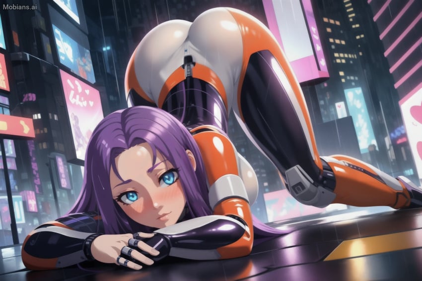 1girls ai_generated arm_rest ass bangs blue_eyes blush bodysuit breasts building city closed_mouth cyberpunk female hands_on_ground heart human jack-o'_challenge jack-o'_pose jack-o_pose jackochallenge large_breasts latex lips long_hair looking_at_viewer meme neon_lights night outdoors parted_bangs purple_hair rain science_fiction shiny skin_tight smile solo spread_legs tayasse_uco top-down_bottom-up wet