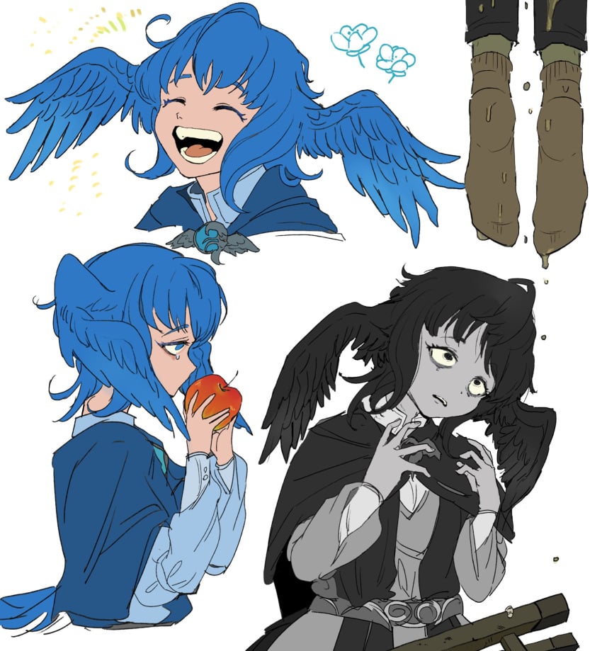 ^_^ apple asphyxiation bird_wings black_capelet black_eyes black_hair blue_capelet blue_dress blue_eyes blue_gemstone blue_hair brooch brown_socks capelet closed_eyes collared_dress colored_skin crapping_self cropped_torso death depressed despair dirty dress dripping elpis_flower feathered_wings female final_fantasy final_fantasy_xiv food fruit gem glaa_da grey_skin hands_up hanged head_wings highres holding holding_food holding_fruit jewelry meteion multiple_views open_mouth out_of_frame sad short_hair simple_background smile socks square_enix suicide tearing_up tears upper_body white_background wide-eyed wings