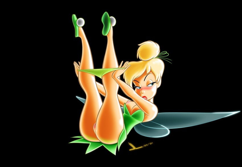 1girls artist_logo ass bare_arms bare_legs bare_shoulders bedroom_eyes black_background blonde_hair blue_eyes blush breasts bun caucasian dated disney dltoon dress dress_pull eyebrows eyelashes eyelids fairy fairy_wings female flats green_dress green_shoes hair_tie hairless_pussy half-closed_eyes insect_wings legs legs_up lips lipstick looking_to_the_side nipples on_back open_mouth panties panties_down pussy red_lipstick seductive shoes short_dress strapless_dress thighs tinker_bell undressing upskirt wings