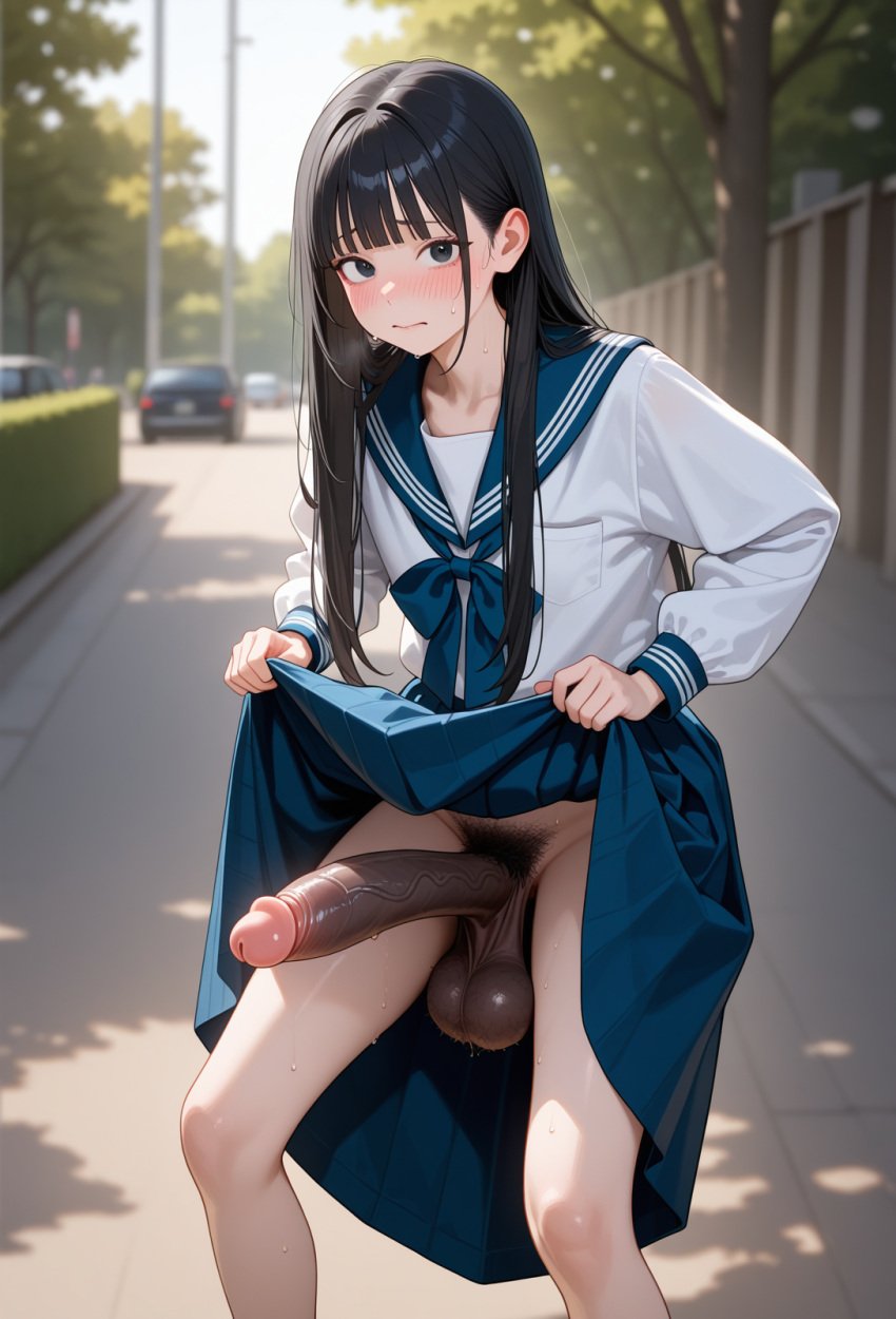 1futa 1girls 2025 ai_generated big_balls big_penis black_eyes black_hair blunt_bangs bowlegged_pose car dark_balls dark_penis dickgirl exhibitionism female female_pervert futanari hairy_balls half-erect hentai high_quality highres intersex japanese_female long_skirt looking_at_viewer outdoors pubic_hair public_exposure public_indecency public_nudity sagging_balls sailor_collar skirt_lift slender_body standing ugly_penis uncensored veiny_penis