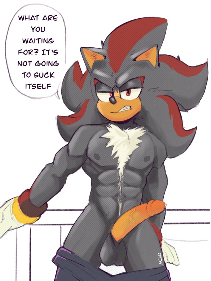 abs aciidtron anthro balls black_body black_fur bottomwear bottomwear_down chest_tuft clothed clothing dialogue english_text erection eulipotyphlan fur genitals gloves half-closed_eyes handwear hedgehog hi_res looking_at_viewer male male_only mammal muscular muscular_male narrowed_eyes navel nipples pants pants_down partially_clothed penis red_body red_eyes red_fur sega shadow_the_hedgehog shirtless signature snarling solo sonic_(series) sonic_the_hedgehog_(series) speech_bubble standing striped_body striped_fur stripes talking_to_viewer tan_body tan_fur text topless topless_male tuft vein veiny_penis white_body white_fur