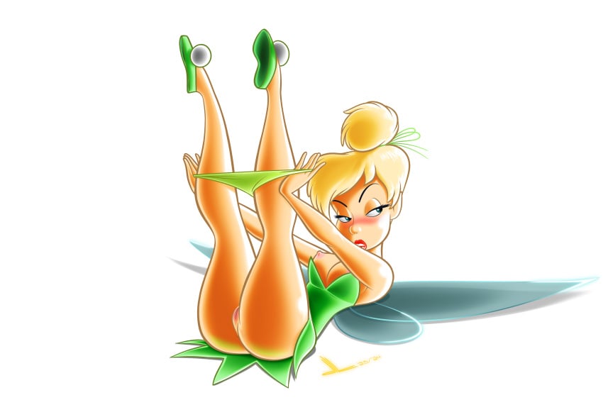 1girls artist_logo ass bare_arms bare_legs bare_shoulders bedroom_eyes blonde_hair blue_eyes blush breasts bun caucasian dated disney dltoon dress dress_pull eyebrows eyelashes eyelids fairy fairy_wings female flats green_dress green_shoes hair_tie hairless_pussy half-closed_eyes insect_wings legs legs_up lips lipstick looking_to_the_side nipples on_back open_mouth panties panties_down pussy red_lipstick seductive shoes short_dress simple_background strapless_dress thighs tinker_bell transparent_background undressing upskirt wings