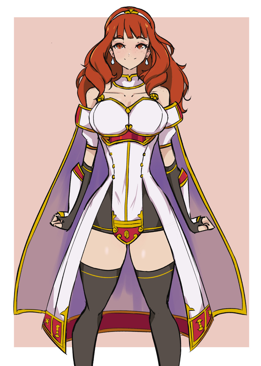 1girls bare_thighs breasts celica_(fire_emblem) dress earrings elbow_gloves female female_only fingerless_gloves fire_emblem fire_emblem_echoes:_shadows_of_valentia gloves in2naps large_breasts long_hair nintendo orange_eyes orange_hair smile solo thick_thighs thighhighs thighs tiara