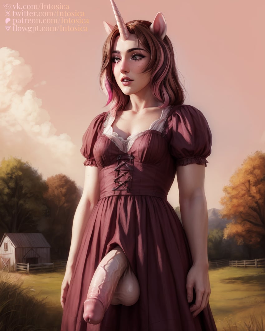 1girls ai_generated animal_ears brown_hair clothed clothing cloud dress fantasy farm female fence flaccid futa_only futanari grass horse_ears huge_cock hybrid intosica large_penis looking_away makeup medieval multicolored_hair outdoors pale_skin penis penis_out penis_through_fly pink_highlights pink_sky pink_theme portrait short_hair small_breasts solo solo_focus solo_futa standing tree trees unicorn_horn