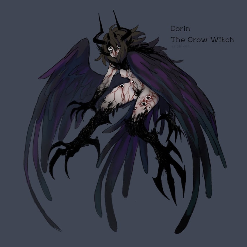 1girls areolae bending_forward black_claws black_crown black_feet black_hair black_hands black_legs black_skin black_veins black_wings blood blood_on_face breasts brown_hair claws crown crying cursed digital_media_(artwork) dorin_(ohiko1) eldritch_horror eyes_on_body feathers female female_monster grey_skin harpy horn horned_humanoid horns leaning_forward long_hair mascara mascara_tears medium_breasts midriff navel nipples no_mouth no_sex no_visible_genitalia nonsexual_nudity nude ohiko1 original_character painting_(object) pale_skin pink_nipples purple_hair purple_wings stare tears thighs veins wing_ears wings