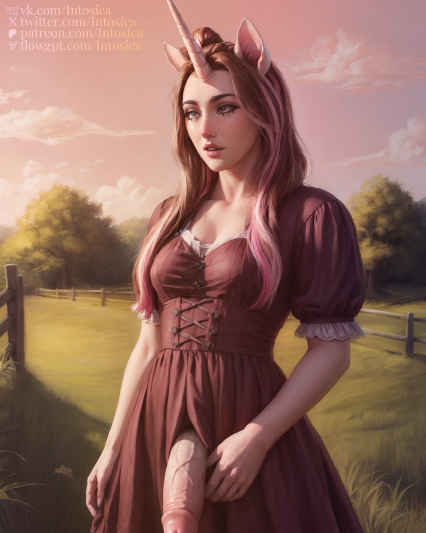 1girls ai_generated animal_ears brown_hair clothed clothing cloud clouds dress fantasy farm female fence flaccid futa_only futanari grass horse_ears huge_cock hybrid intosica large_penis long_hair looking_away makeup medieval multicolored_hair outdoors pale_skin penis penis_out penis_through_fly pink_highlights pink_sky pink_theme portrait small_breasts solo solo_focus solo_futa standing tree trees unicorn_horn