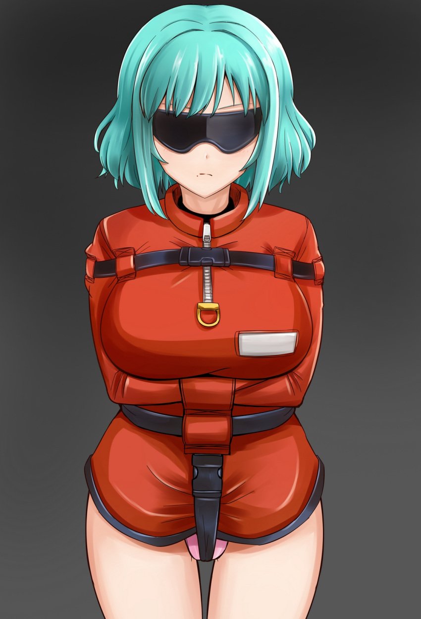 aqua_hair bad_id bad_pixiv_id belt blindfold bondage bondage bound breasts commentary_request female frown grey_background highres large_breasts original panties photoshop_(medium) pink_panties rebake rebake-1453 short_hair straitjacket underwear zipper