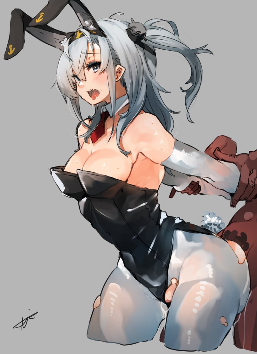 1boy animal_ears arm_grab arms_held_back blue_eyes breasts bunnysuit cleavage cowboy_shot doggy_style elbow_gloves female gloves grabbing_another's_arm grey_background grey_hair hachimaki hairband highres kantai_collection large_breasts male necktie nipples off_shoulder open_mouth pantyhose playboy_bunny pussy_juice rabbit_ears red_necktie saliva saliva_trail sex side_ponytail simple_background solo_focus standing standing_sex straight sunday_aki suzutsuki_(kantai_collection) torn_clothes torn_pantyhose vaginal_penetration white_gloves white_pantyhose