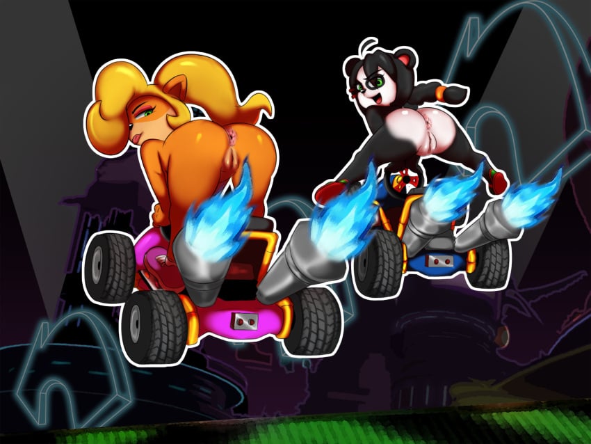 2024 activision ass bandicoot bear casual coco_bandicoot colored crash_(series) crash_team_racing_(series) female fire genitals hi_res kart looking_at_viewer mammal marsupial midair nude oddrich pussy racing scrabble007 smile spread_legs spreading third-party_edit vehicle yaya_panda