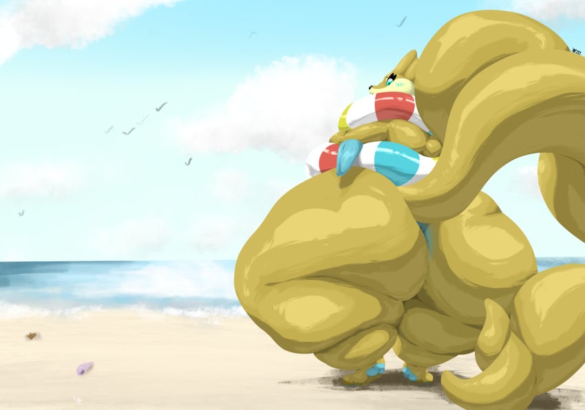 absurd_res anthro anus ass beach big_butt blush digital_media_(artwork) female floatzel flotation_device fur generation_4_pokemon hi_res huge_butt mop_(artist) nintendo nude overweight overweight_anthro pawpads paws pokemon pokemon_(species) solo tail thick_thighs