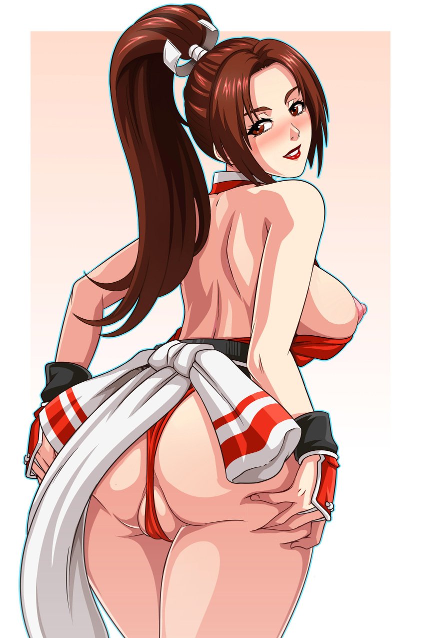 arm_guards artist_name ass back bare_shoulders breasts brown_eyes brown_hair character_name commentary copyright_name english_commentary fatal_fury female from_behind grin high_ponytail king_of_fighters looking_back mai_shiranui ninja obi parted_bangs patreon_username pelvic_curtain photoshop_(medium) ponytail revealing_clothes rope sano-br sash sideboob smile solo thighs watermark web_address
