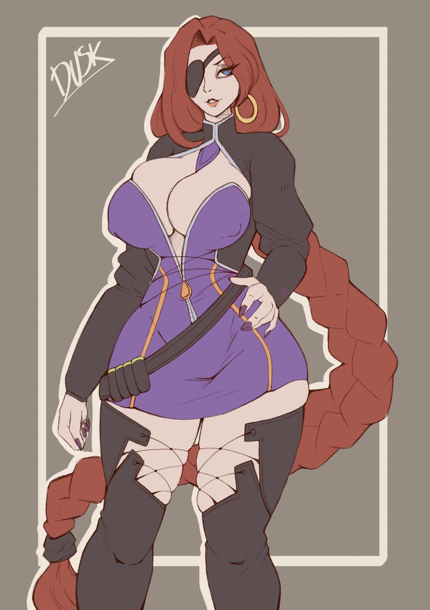 blue_eyes boots braid cleavage dressed eyepatch eyeshadow hand_on_hip high_boots highres lesley_(mobile_legends) long_hair makeup mobile_legends nail_polish purple_nails rdusk red_hair simple_background sketch thighs tight_clothing zipper