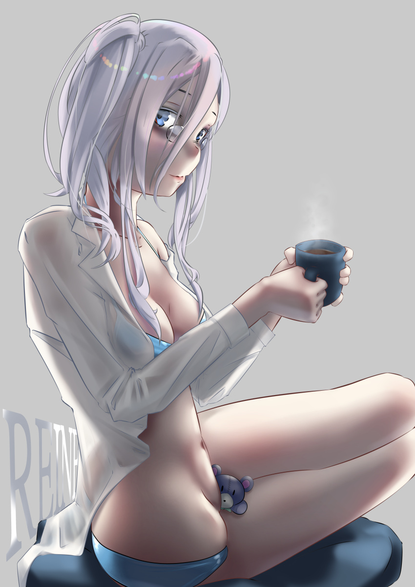 blue_eyes breasts date_a_live digitalfragment female female_only glasses grey_hair light-skinned_female long_hair murasame_reine open_clothes panties solo solo_female thighs underwear