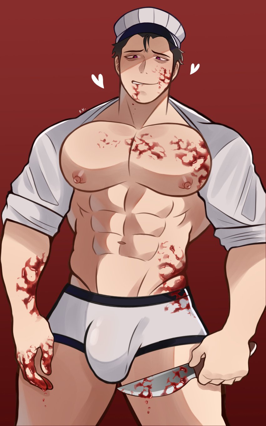 <3 1boy abs bara bara_tiddies bara_tits barazoku big_bulge big_pecs black_hair blood blood_on_chest blood_on_face blood_on_pectorals bloody bloody_hands bloody_knife boxer_briefs briefs bulge busty daddy_milkers erect_nipples francis_mosses hat heart-shaped_pupils holding_knife holding_object holding_weapon huge_bulge huge_pecs human human_only knife light-skinned_male light_skin looking_at_viewer male male_breasts male_chest male_nipples male_only manboobs milkman moobs muscles muscular muscular_male nipples pecs pectorals penis_in_briefs penis_in_underwear penis_outline pink_nipples red_background ryuka344 six_pack solo solo_focus solo_male that's_not_my_neighbor thick_thighs underwear white_briefs white_hat white_underwear