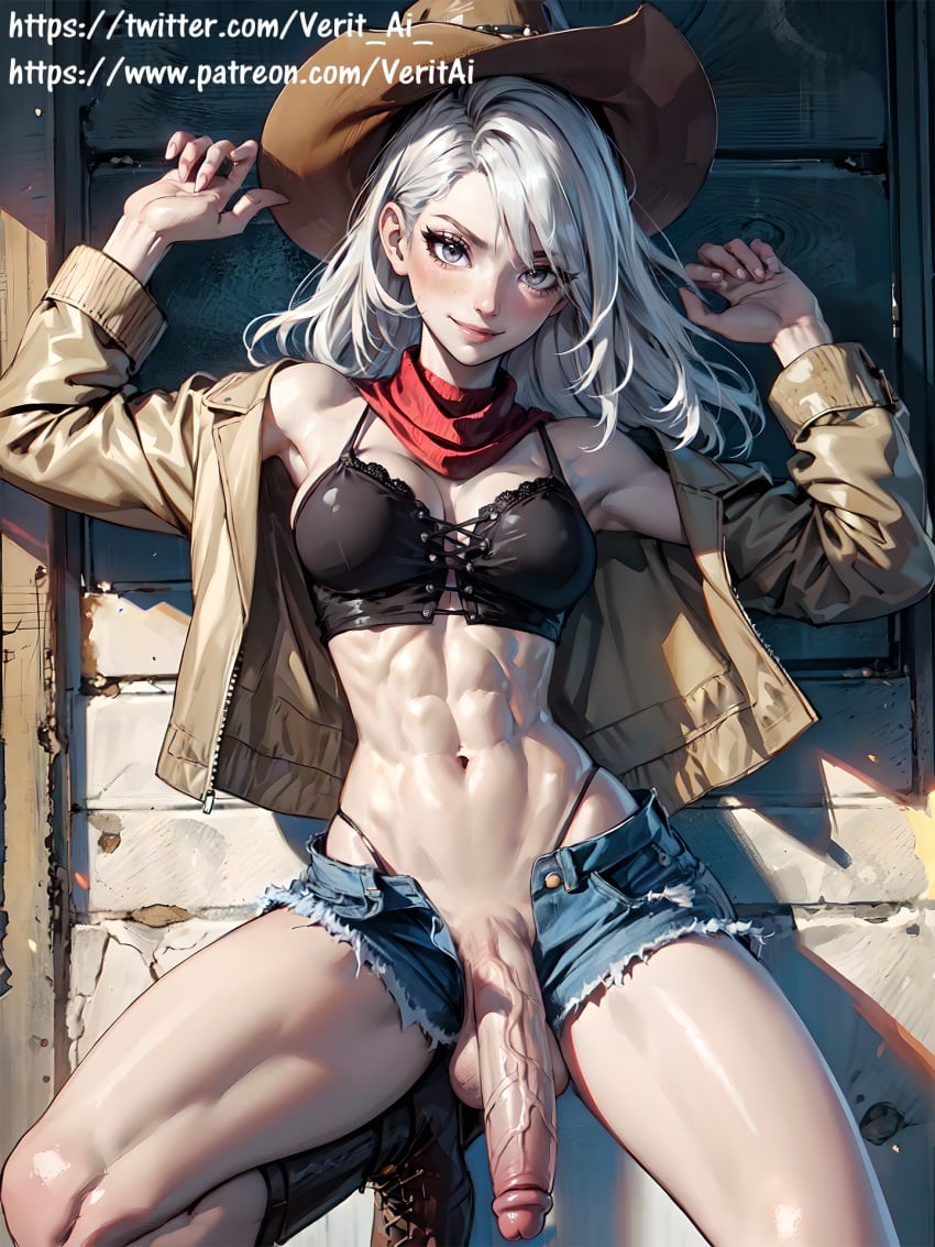 1futa against_wall ai_generated armpits athletic athletic_futanari bustier cowboy_hat cowgirl denim_shorts dickgirl erect_penis erection futa_only futa_sans_pussy futanari grey_eyes huge_cock jacket penis red_scarf solo solo_futa stable_diffusion testicles veritai white_hair