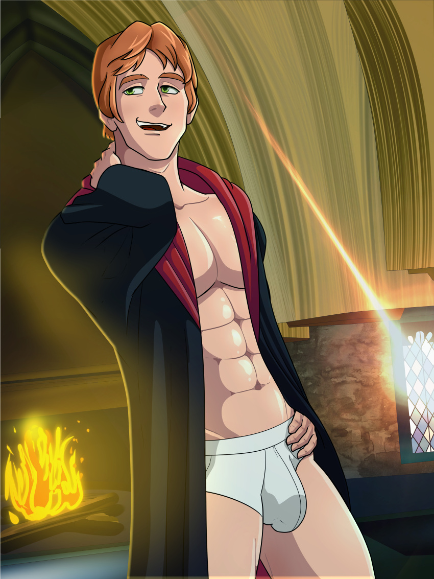 1boy bara big_bulge bulge george_weasley harry_potter male male_only muscular_male open_clothes open_robe penis_bulge pose robe room_of_requirement seductive solo tagme underwear