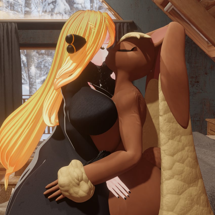 3d animal_humanoid anthro big_breasts blender_(software) blender_eevee blonde_hair breasts brown_body brown_fur clothed clothing cynthia_(pokemon) elitedog female fur game_freak generation_4_pokemon hair hi_res human human_on_anthro humanoid interspecies kissing lopunny mammal nintendo nude pokemon pokemon_(species) pokemon_champion pokemon_trainer pokephilia thick_thighs