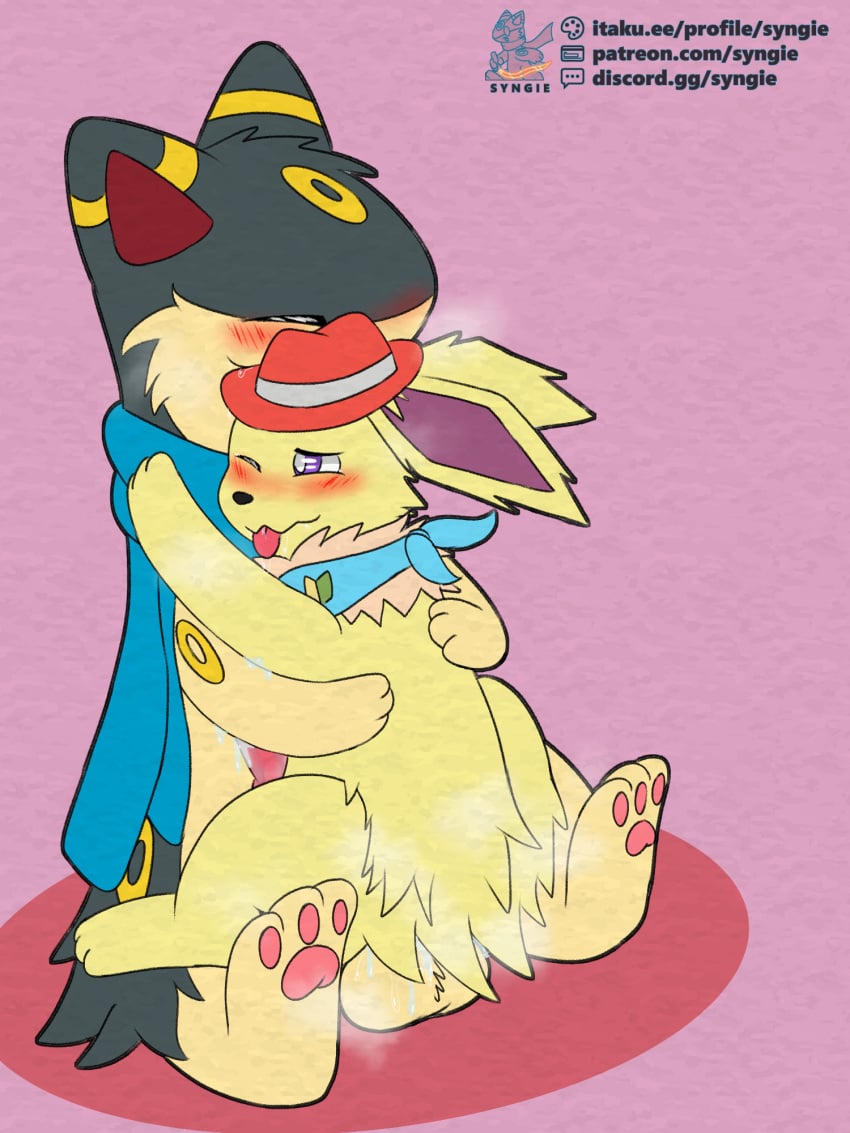 2024 anal bodily_fluids cuddling cum cum_in_ass cum_inside eeveelution furry generation_1_pokemon generation_2_pokemon genital_fluids hi_res hybrid_pokemon jolteon male male/male nintendo pokemon pokemon_(species) quilava syngie_(artist) umbreon