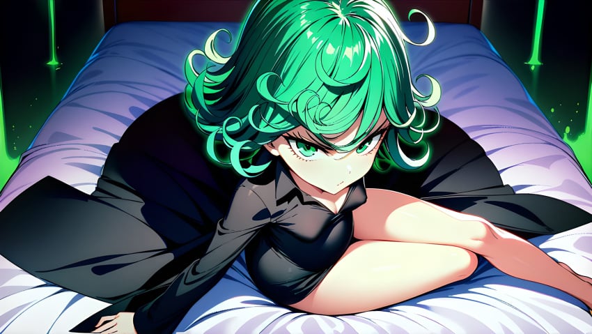 1girls ai_generated annoyed annoyed_expression bed bedroom black_dress black_shoes crossed_legs dark_dress green_eyes green_hair happy laying_on_bed lying_on_bed one-punch_man petite pregnant pregnant_female short_hair slender slender_legs slender_waist smile tatsumaki tiny tsundere