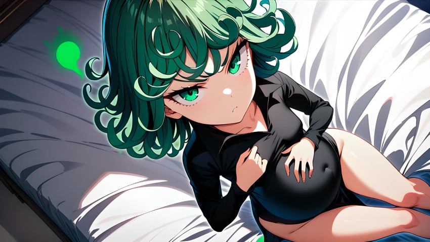 1girls ai_generated annoyed annoyed_expression bed bedroom black_dress black_shoes crossed_legs dark_dress green_eyes green_hair happy laying_on_bed lying_on_bed one-punch_man petite pregnant pregnant_female short_hair slender slender_legs slender_waist smile tatsumaki tiny tsundere