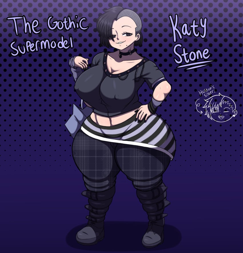 1girls beauty_mark big_ass big_breasts black_eyes black_fingernails black_hair boots character_profile character_sheet choker crop_top empty_eyes goth goth_girl highres huge_ass jackov katy_stone midriff oc sidecut simple_background sister smile tagme thick_thighs