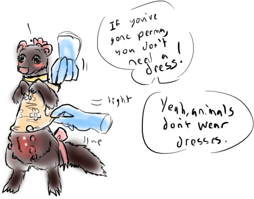 belly_nipples blush bow_(disambiguation) clothing disembodied_hand dress female feral gender_transformation ghost_hands hi_res mammal mink mustelid musteline offscreen_character permanent_transformation pregnant solo solo_focus speech_bubble transformation true_musteline undressing welcometaco