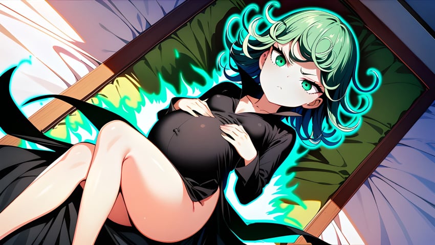 1girls ai_generated annoyed annoyed_expression bed bedroom black_dress black_shoes crossed_legs dark_dress green_eyes green_hair happy laying_on_bed lying_on_bed one-punch_man petite pregnant pregnant_female short_hair slender slender_legs slender_waist smile tatsumaki tiny tsundere