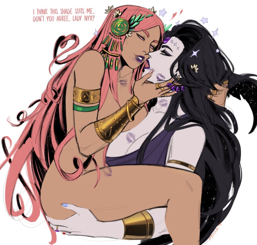 2girls aphrodite aphrodite_(hades) armlet black_hair bracers colored deity earrings english_text european_mythology female female/female female_only girls girls_only goddess greek_mythology hades_(game) hair hair_grab hair_ornament held_up holding_head large_breasts lesbian lesbian_kiss lifting_person lipstick lipstick_mark long_hair looking_at_partner lots_of_lipstick_marks mythology nude_female nyx_(hades) only_female pale-skinned_female pale_skin passionate pink_eyes pink_hair plain_background public_domain purple_lipsick purple_lipstick rings ryuunart sensual tan-skinned_female tan_skin text very_long_hair white_background yellow_eyes yuri