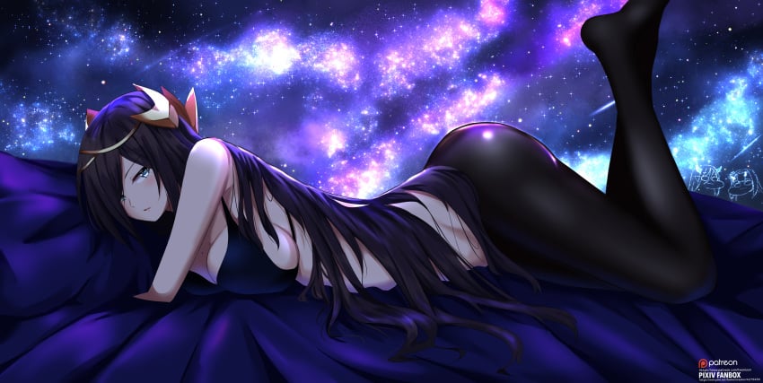 absurdres ass black_hair black_legwear breasts commentary_request epic7 epic_seven female green_eyes highres large_breasts long_hair looking_at_viewer pillow sky solo twomoon vivian_(epic_seven)