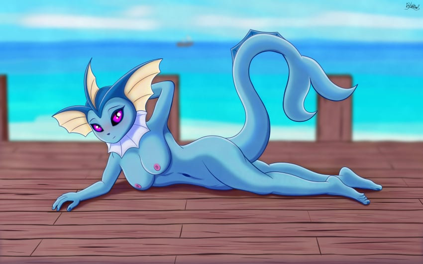 16:10 absurd_res anthro areola blue_body breasts day eeveelution female generation_1_pokemon hi_res looking_at_viewer lying nintendo nipples nude pink_areola pink_nipples pokemon pokemon_(species) pokemorph portableonions purple_eyes raised_tail sea solo tail vaporeon water widescreen