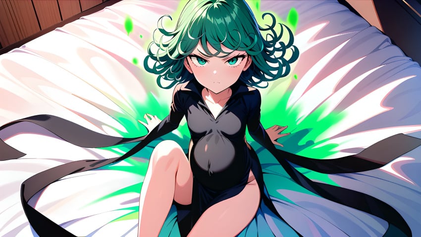 1girls ai_generated annoyed annoyed_expression bed bedroom black_dress black_shoes crossed_legs dark_dress green_eyes green_hair happy laying_on_bed lying_on_bed one-punch_man petite pregnant pregnant_female short_hair slender slender_legs slender_waist smile tatsumaki tiny tsundere