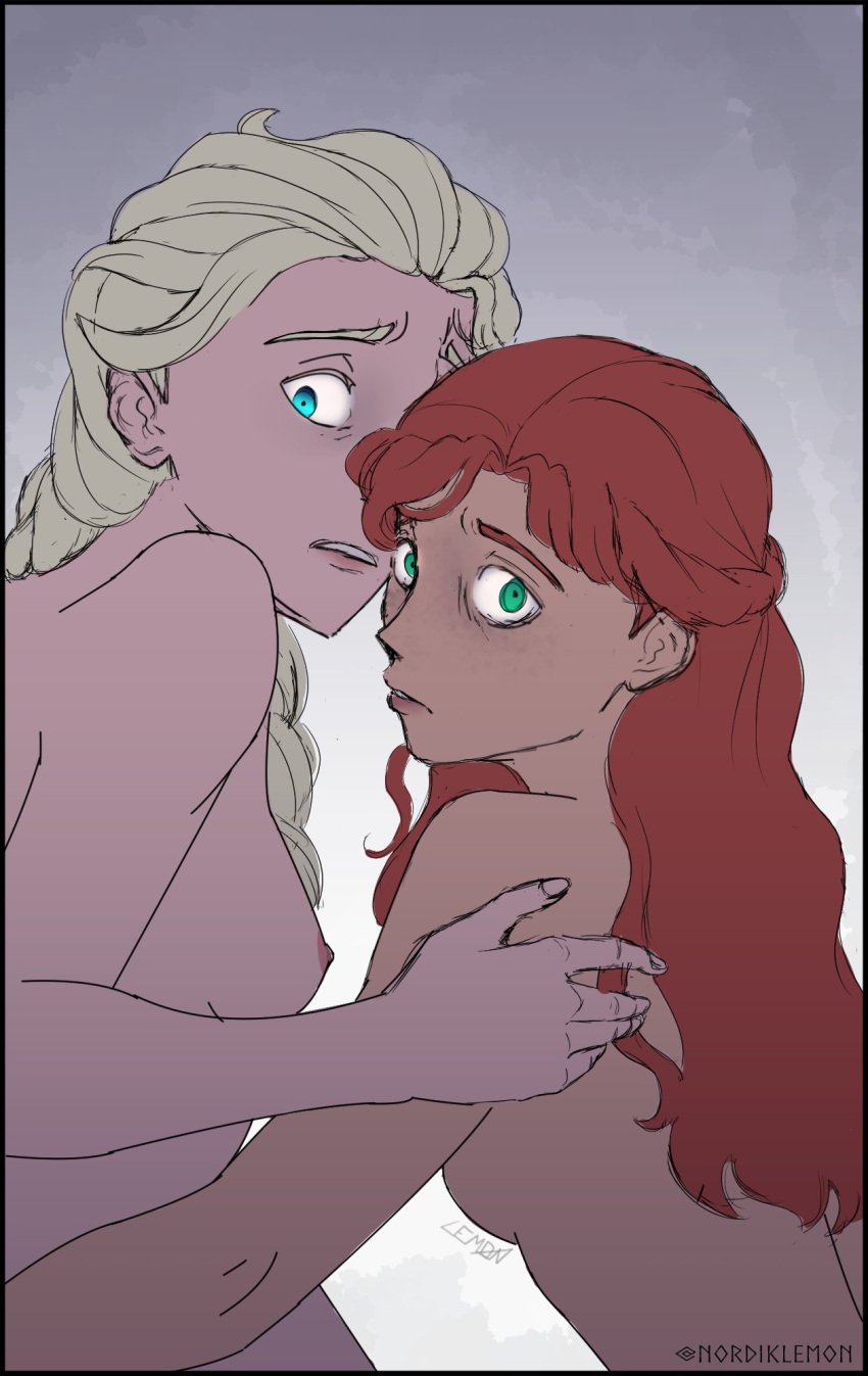 2girls anna_(frozen) casual_nudity caught disney disney_princess elsa_(frozen) female_only frozen_(film) incest looking_at_viewer scared scared_expression shocked_expression sister_and_sister sisters tagme