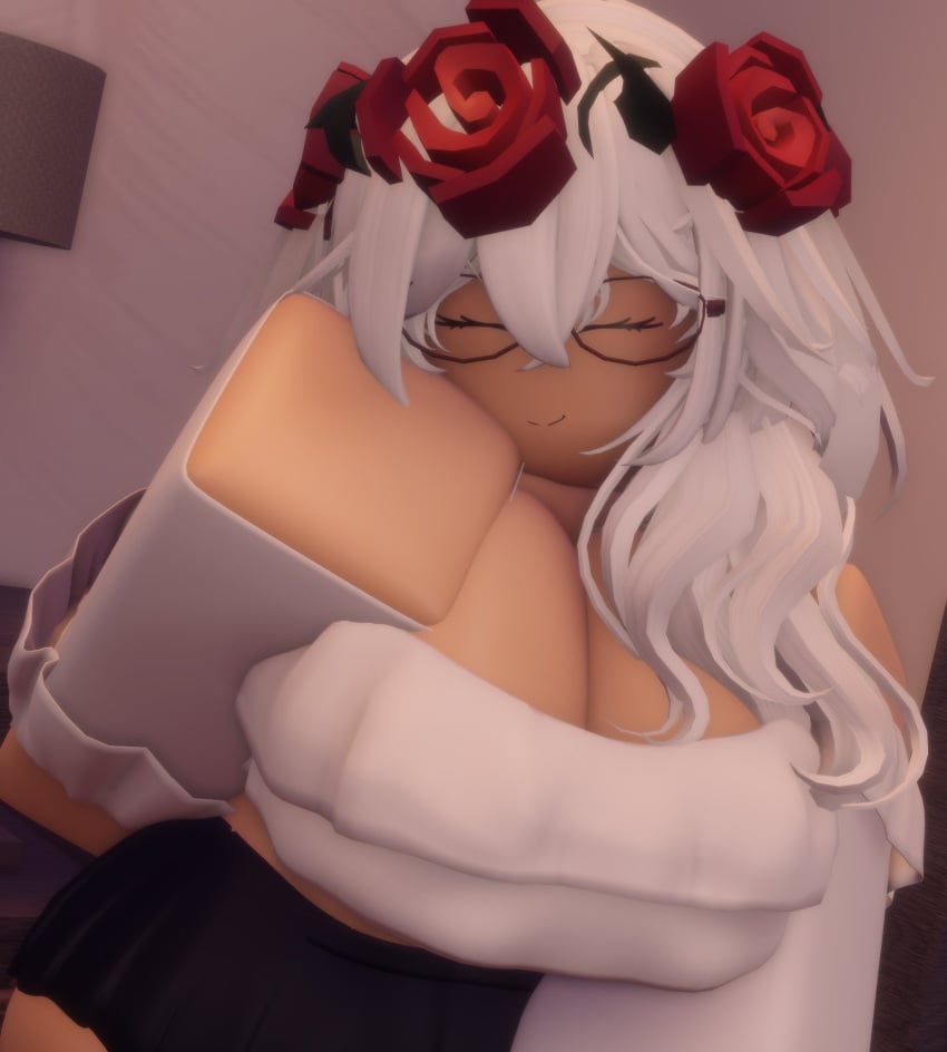 1girls 3d big_breasts breasts cleavage closed_eyes cute cute_face female female_focus female_only flower flower_crown flower_on_head glass hand_on_breast long_hair niki_okarin roblox roblox_avatar robloxian rose shoulderless_shirt skirt smile smiling solo white_hair