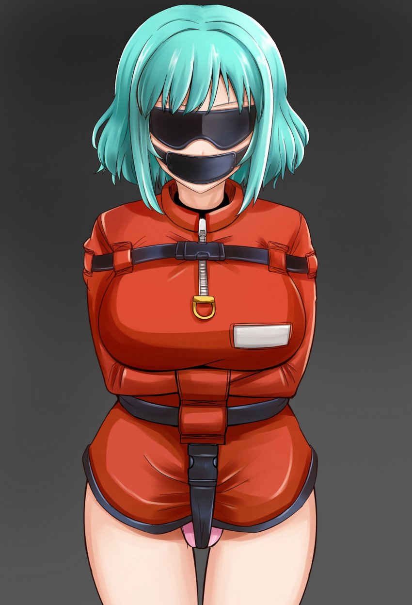 aqua_hair bad_id bad_pixiv_id belt blindfold bondage bondage bound breasts commentary_request female gagged grey_background highres large_breasts original panel_gag panties photoshop_(medium) pink_panties rebake rebake-1453 short_hair straitjacket underwear zipper