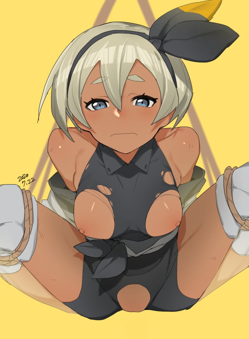 bea_(pokemon) blue_eyes bondage bound dark-skinned_female dark_skin female game_freak grey_eyes highres kuma_(jk0073) looking_at_viewer nintendo nipples pokemon pokemon_ss pokemon_swsh pussy release_date shirt short_hair shorts solo solo_focus spread_legs torn_clothes torn_shirt torn_shorts white_hair yellow_background