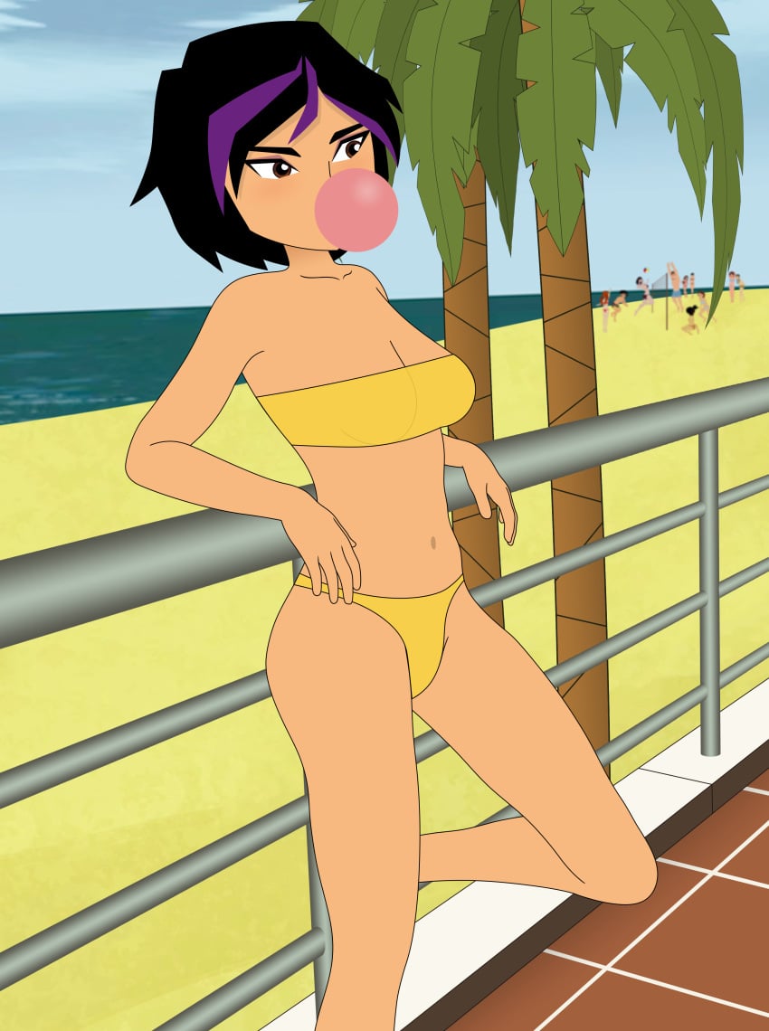 1girls beach big_hero_6 big_hero_6:_the_series bikini black_hair bra brown_eyes bubble_gum characters_in_the_background disney disney_channel gogo_tomago marvel mehefin013 png tree