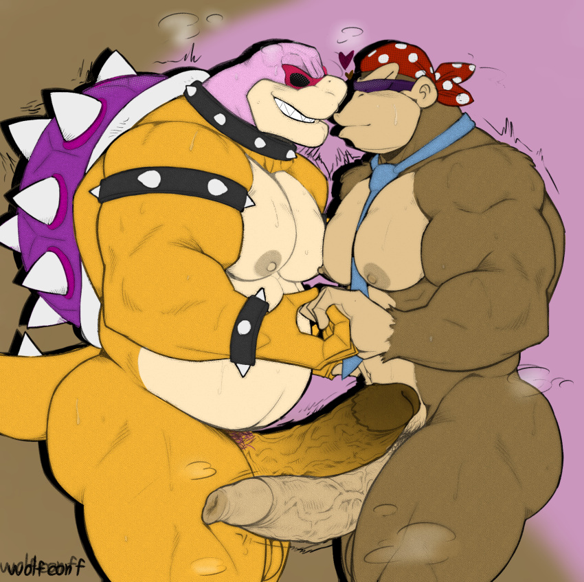 abs anthro anthro_only bald balls bara belly boner donkey_kong_(series) edit erection foreskin frottage funky_kong gay grin long_foreskin male male_focus male_only mario_(series) musclegut muscular muscular_male pecs pubes puckered_lips roy_koopa simple_background spiked_penis steam sunglasses sweaty wolf_con_f