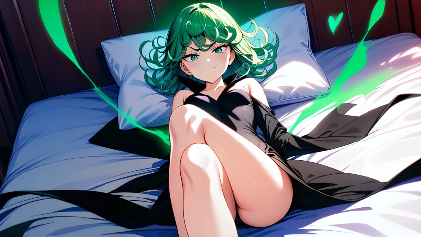 1girls ai_generated bed bedroom black_dress black_shoes crossed_legs dark_dress green_eyes green_hair happy laying_on_bed lying_on_bed one-punch_man petite short_hair slender slender_legs slender_waist smile tatsumaki tiny