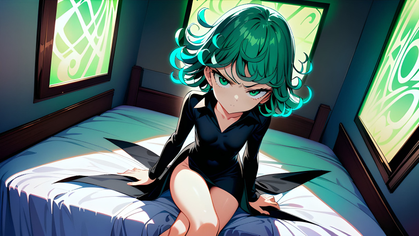 1girls ai_generated annoyed annoyed_expression bed bedroom black_dress black_shoes crossed_legs dark_dress green_eyes green_hair happy laying_on_bed lying_on_bed one-punch_man petite pregnant pregnant_female short_hair slender slender_legs slender_waist smile tatsumaki tiny tsundere