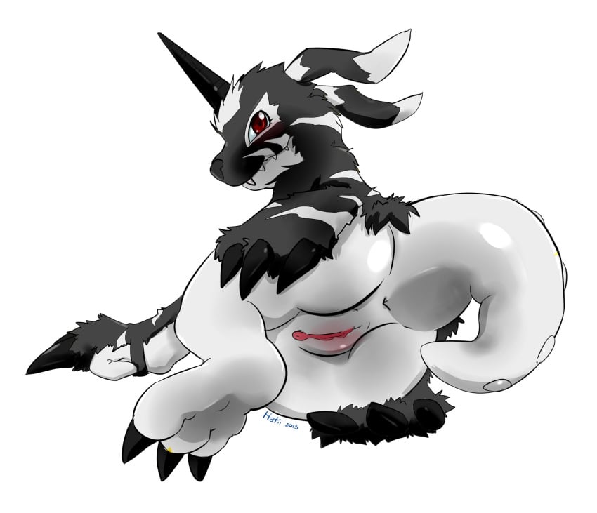 blackgabumon blush claws digimon female fur_coat hatii horn pussy solo