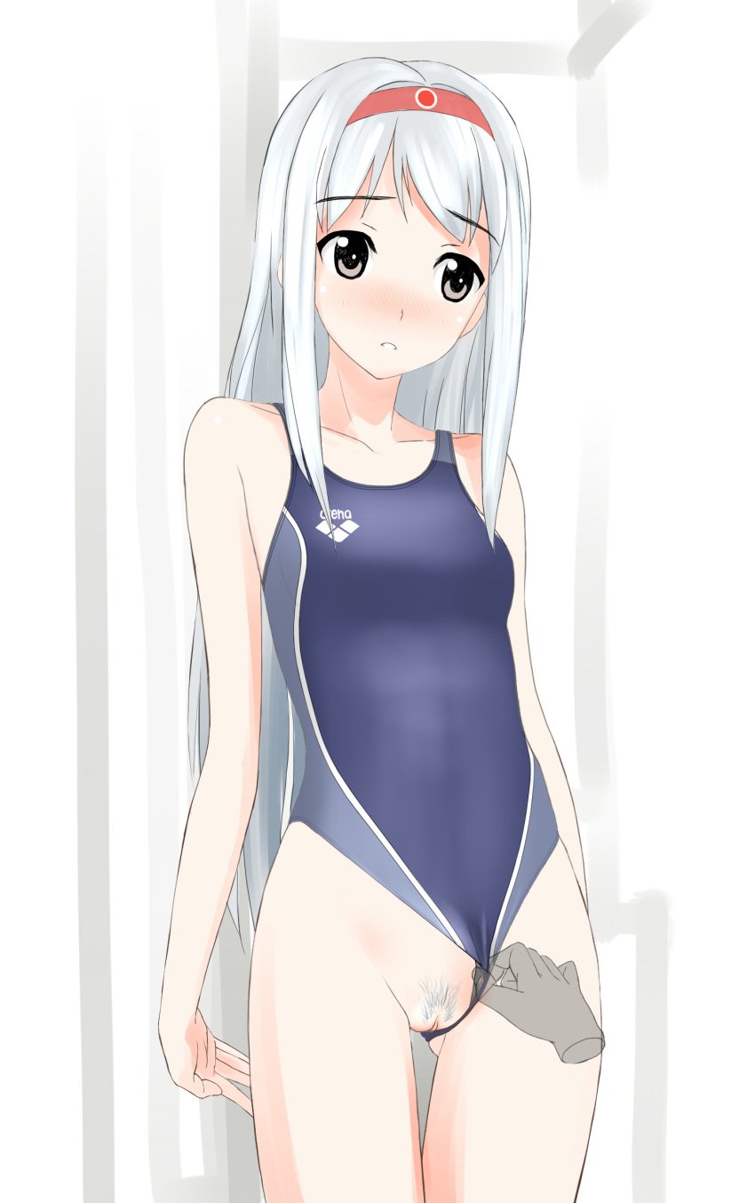 blush competition_swimsuit disembodied_hands embarrassed female female grey_eyes hair_ornament hairband kantai_collection long_hair one-piece_swimsuit pubic_hair pussy shoukaku_(kantai_collection) silver_hair solo swimsuit swimsuit_aside takafumi uncensored