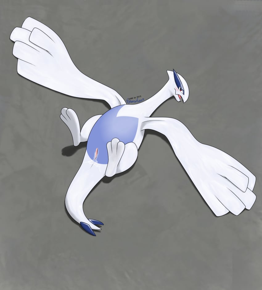 2015 after_sex anus avian blush cum english_text eparihser female feral hi_res legendary_pokemon looking_at_viewer lugia lying nintendo nude on_back pokemon pokemon_(species) presenting pussy red_eyes saliva simple_background solo text vega_(lugia) video_games wings