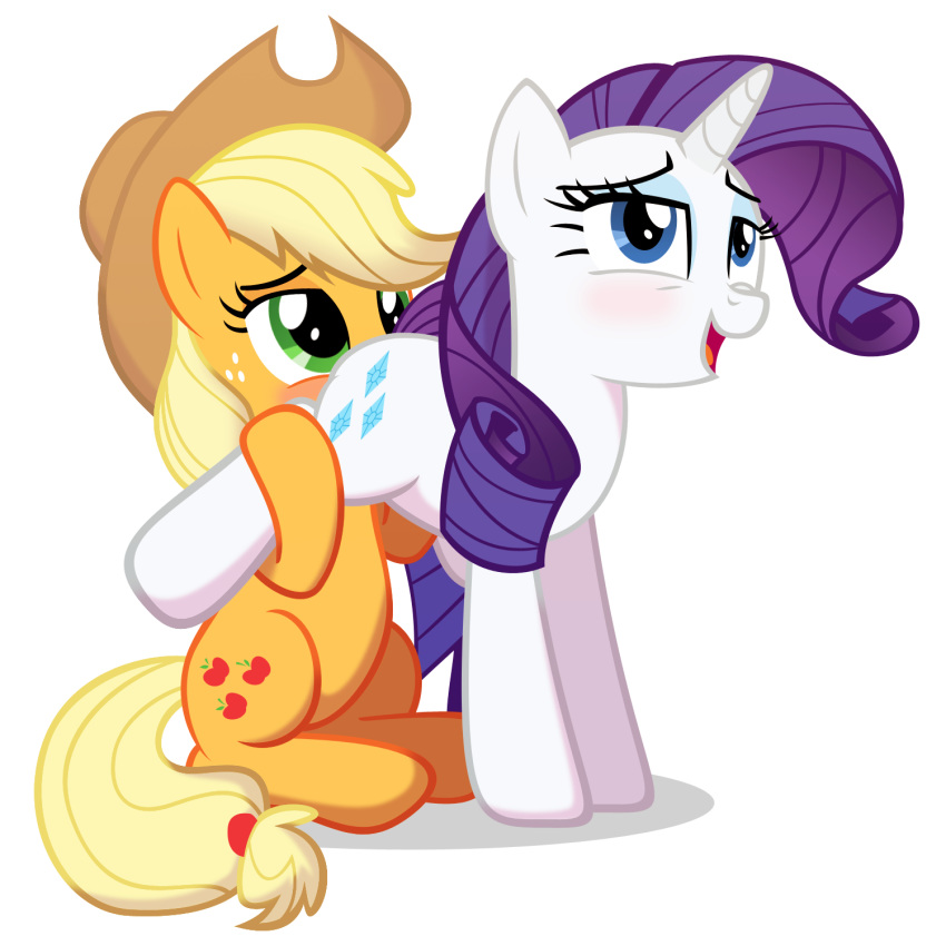 2015 applejack_(mlp) blonde_hair blue_eyes blush cowboy_hat cutie_mark duo earth_pony equine eyeshadow female feral freckles friendship_is_magic green_eyes hair hat horn horse long_hair makeup mammal my_little_pony open_mouth oral pony purple_hair rarity_(mlp) sex simple_background spectre_z unicorn white_background yuri