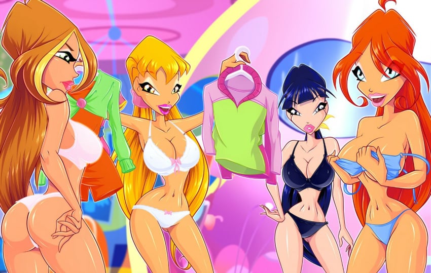 4girls ass belly blonde_hair bloom_(winx_club) blue_eyes blue_hair bra breasts brown_hair cleavage dat_ass eyeshadow female flora_(winx_club) green_eyes hourglass_figure lingerie lips lipstick long_hair looking_at_viewer makeup multiple_girls musa musa_(winx_club) navel nipple_bulge open_mouth orange-red_hair orange_hair panties purple_eyes rainbow_(animation_studio) sideboob smile smiling stella_(winx_club) tan teeth thin_waist tongue very_long_hair voluptuous wasp_waist winx_club yellow_eyes zfive